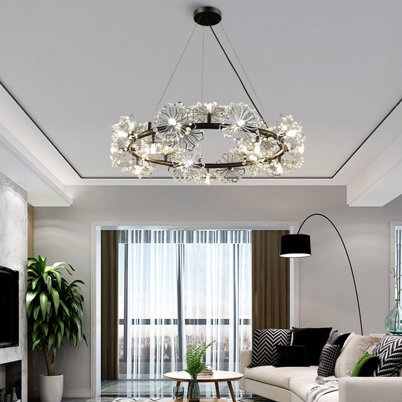 Flower Living Room Hanging Light Fixture Crystal Beaded 15 Heads Contemporary Chandelier Lamp in Black Clearhalo 'Ceiling Lights' 'Chandeliers' 'Modern Chandeliers' 'Modern' Lighting' 278382