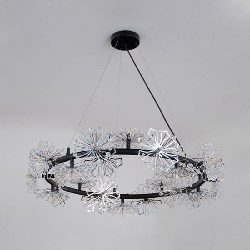 Flower Living Room Hanging Light Fixture Crystal Beaded 15 Heads Contemporary Chandelier Lamp in Black Clearhalo 'Ceiling Lights' 'Chandeliers' 'Modern Chandeliers' 'Modern' Lighting' 278383