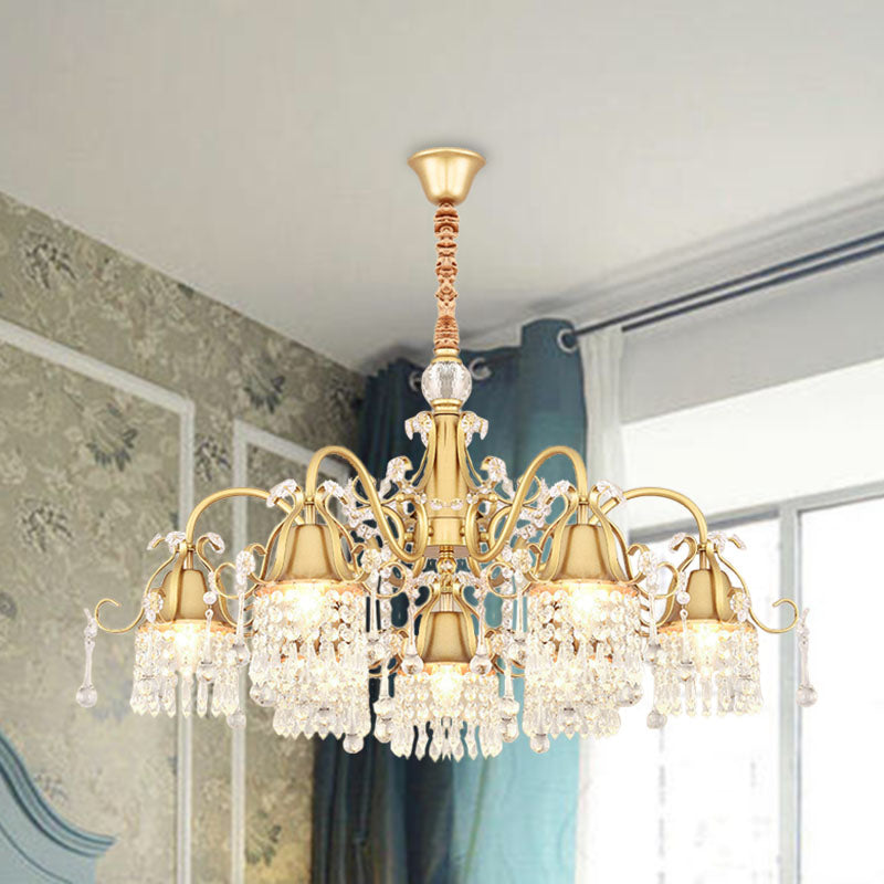 Gold Bell Chandelier Minimalist 7/9 Lights Crystal Beaded Strand Hanging Lamp Kit for Living Room Clearhalo 'Ceiling Lights' 'Chandeliers' Lighting' options 278407