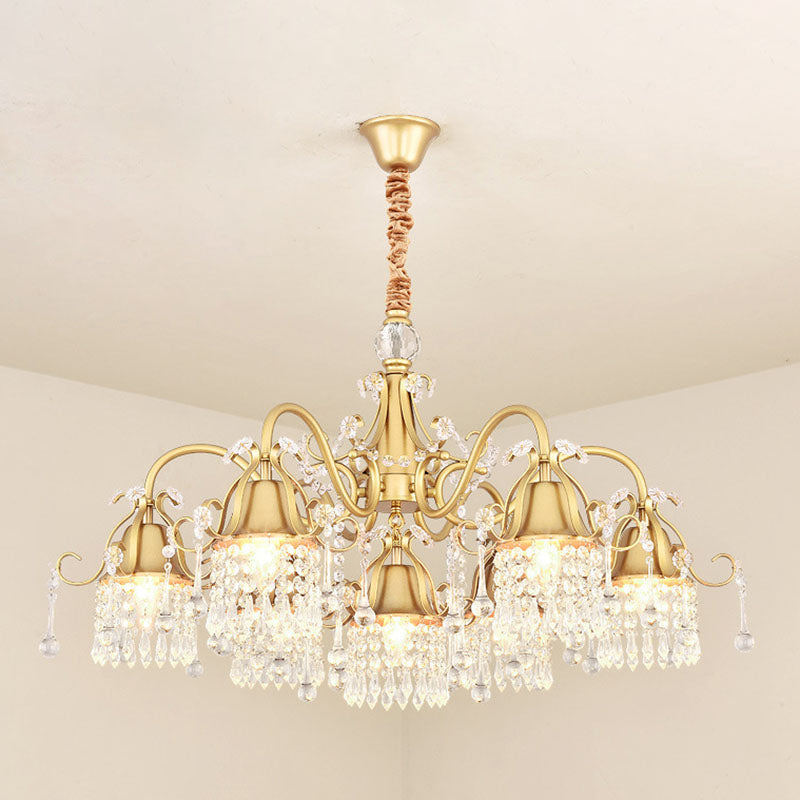 Gold Bell Chandelier Minimalist 7/9 Lights Crystal Beaded Strand Hanging Lamp Kit for Living Room Clearhalo 'Ceiling Lights' 'Chandeliers' Lighting' options 278408