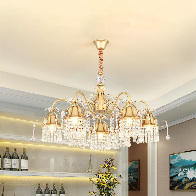 Gold Bell Chandelier Minimalist 7/9 Lights Crystal Beaded Strand Hanging Lamp Kit for Living Room Clearhalo 'Ceiling Lights' 'Chandeliers' Lighting' options 278409