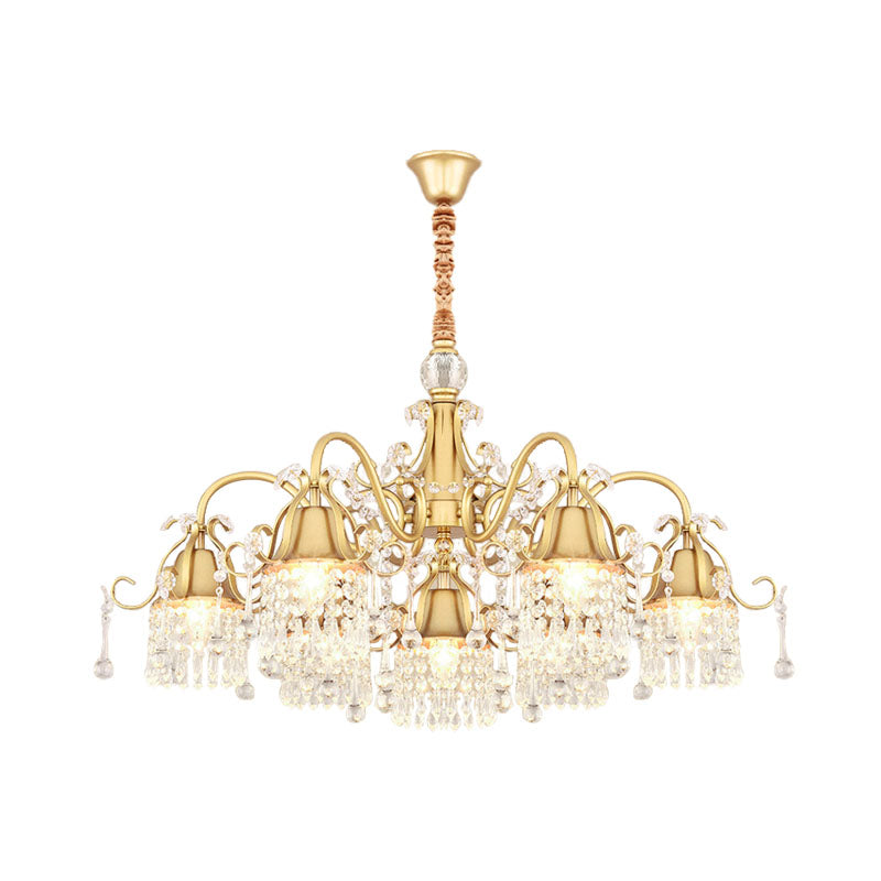 Gold Bell Chandelier Minimalist 7/9 Lights Crystal Beaded Strand Hanging Lamp Kit for Living Room Clearhalo 'Ceiling Lights' 'Chandeliers' Lighting' options 278411