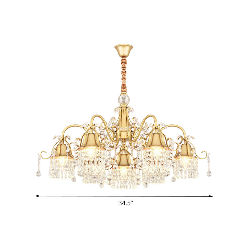 Gold Bell Chandelier Minimalist 7/9 Lights Crystal Beaded Strand Hanging Lamp Kit for Living Room Clearhalo 'Ceiling Lights' 'Chandeliers' Lighting' options 278412