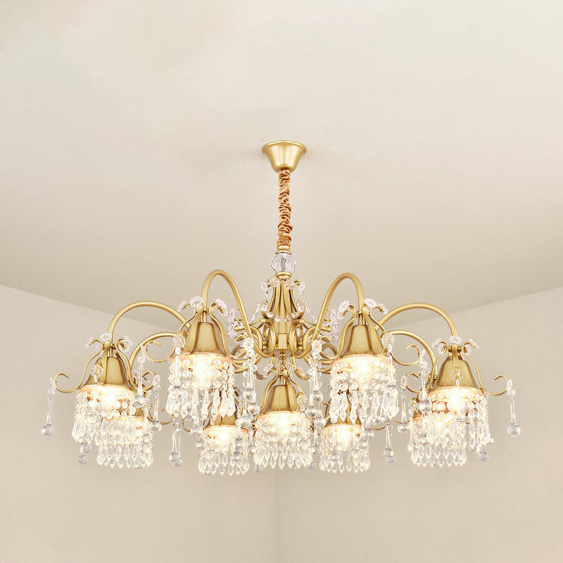 Gold Bell Chandelier Minimalist 7/9 Lights Crystal Beaded Strand Hanging Lamp Kit for Living Room Clearhalo 'Ceiling Lights' 'Chandeliers' Lighting' options 278414