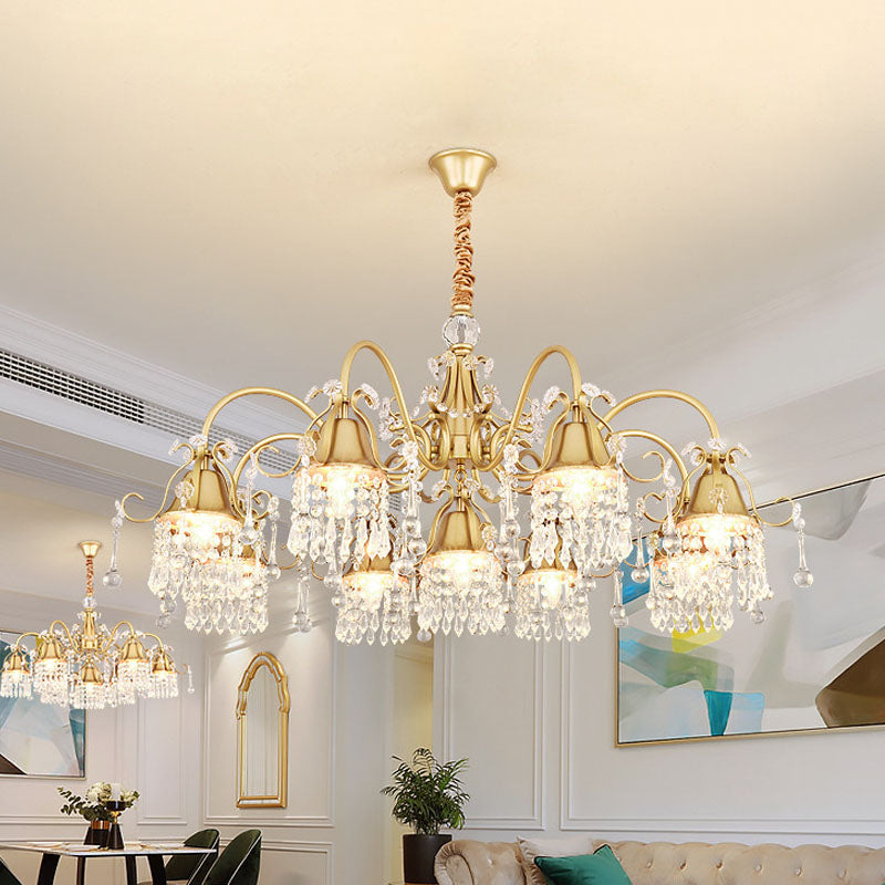 Gold Bell Chandelier Minimalist 7/9 Lights Crystal Beaded Strand Hanging Lamp Kit for Living Room Clearhalo 'Ceiling Lights' 'Chandeliers' Lighting' options 278415