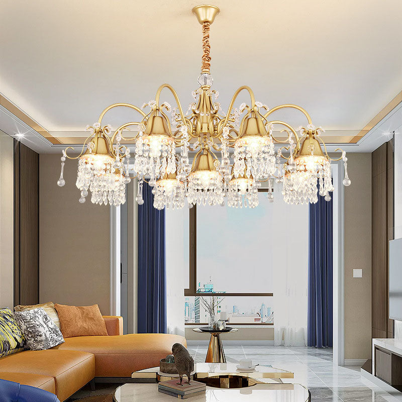 Gold Bell Chandelier Minimalist 7/9 Lights Crystal Beaded Strand Hanging Lamp Kit for Living Room Clearhalo 'Ceiling Lights' 'Chandeliers' Lighting' options 278416