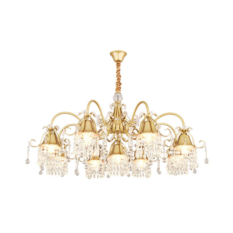 Gold Bell Chandelier Minimalist 7/9 Lights Crystal Beaded Strand Hanging Lamp Kit for Living Room Clearhalo 'Ceiling Lights' 'Chandeliers' Lighting' options 278417