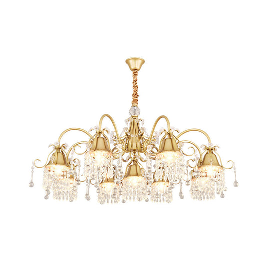 Gold Bell Chandelier Minimalist 7/9 Lights Crystal Beaded Strand Hanging Lamp Kit for Living Room Clearhalo 'Ceiling Lights' 'Chandeliers' Lighting' options 278417