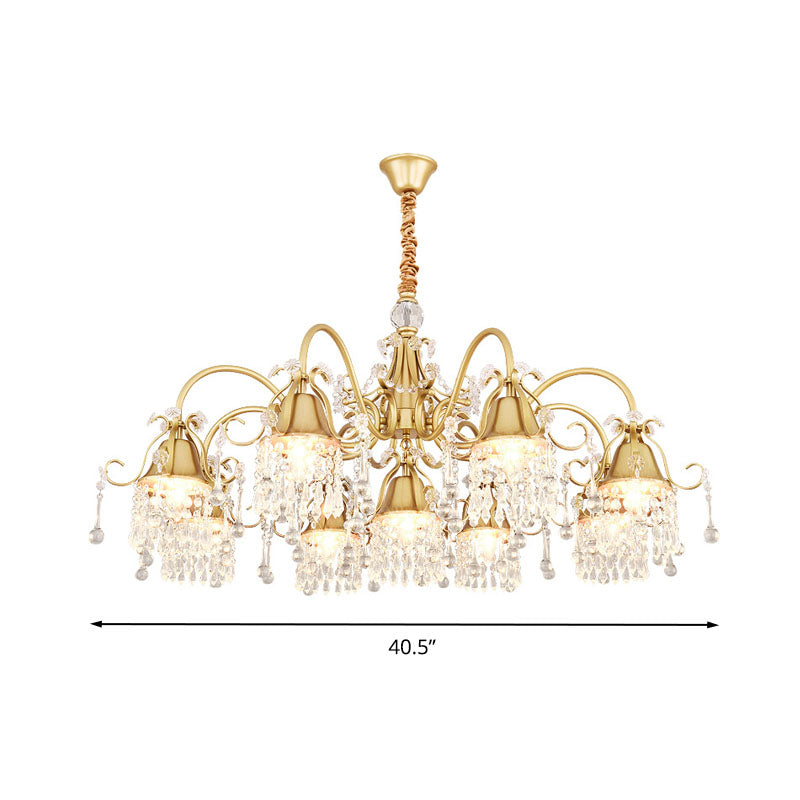 Gold Bell Chandelier Minimalist 7/9 Lights Crystal Beaded Strand Hanging Lamp Kit for Living Room Clearhalo 'Ceiling Lights' 'Chandeliers' Lighting' options 278418