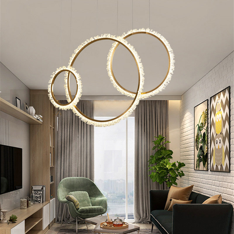 Loop Crystal Beaded Pendant Chandelier Modernism Gold 16"/23.5"/31.5" Wide LED Hanging Lamp Kit, Warm/White/Natural Light Gold Natural Clearhalo 'Ceiling Lights' 'Chandeliers' 'Modern Chandeliers' 'Modern' Lighting' 278444