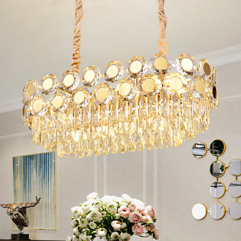 Oval Faceted Crystal Island Light Postmodern 12 Heads Gold Suspension Lighting Fixture Clearhalo 'Ceiling Lights' 'Island Lights' Lighting' 278485