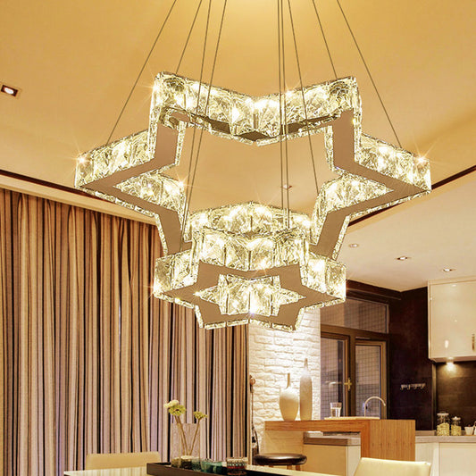 Crystal Block Five-Pointed Star Hanging Chandelier Simple Stainless-Steel LED Ceiling Light, Warm/White/3 Color Light Stainless-Steel Warm Clearhalo 'Ceiling Lights' 'Chandeliers' 'Modern Chandeliers' 'Modern' Lighting' 278526