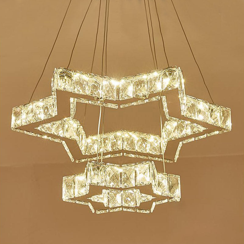 Crystal Block Five-Pointed Star Hanging Chandelier Simple Stainless-Steel LED Ceiling Light, Warm/White/3 Color Light Clearhalo 'Ceiling Lights' 'Chandeliers' 'Modern Chandeliers' 'Modern' Lighting' 278527