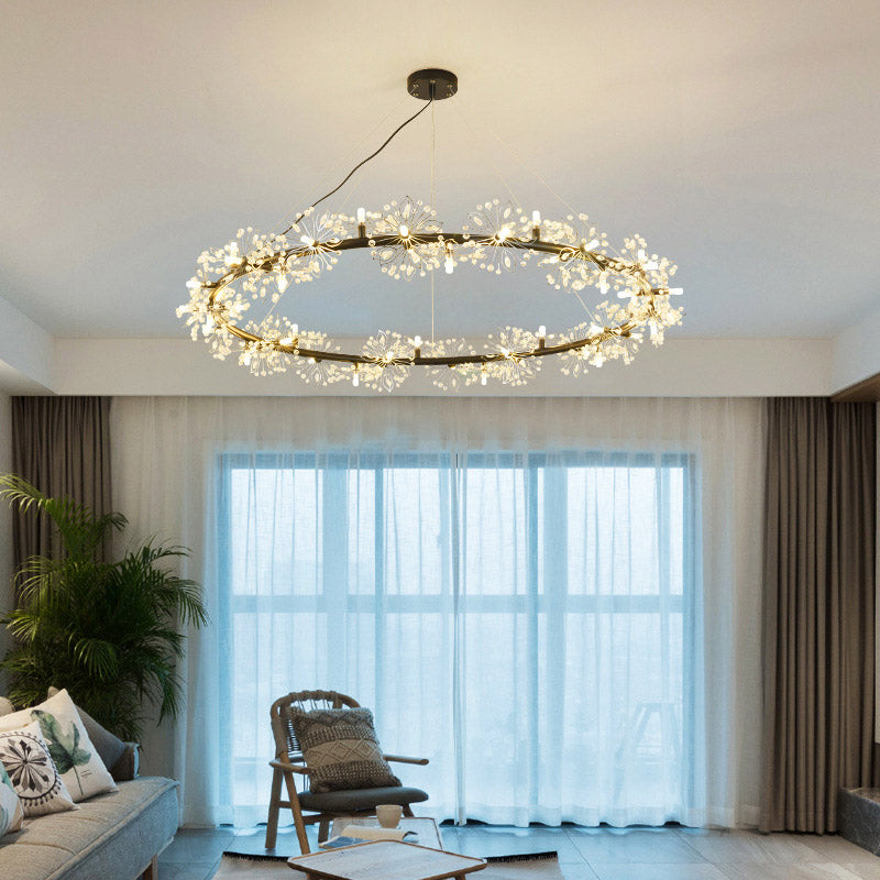 Circle Crystal Beaded Hanging Chandelier Minimalist Black 20.5"/26"/34" Wide LED Ceiling Lamp Clearhalo 'Ceiling Lights' 'Chandeliers' 'Modern Chandeliers' 'Modern' Lighting' 278622