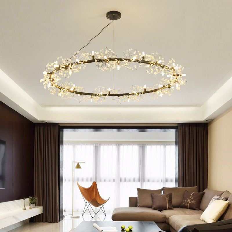 Circle Crystal Beaded Hanging Chandelier Minimalist Black 20.5"/26"/34" Wide LED Ceiling Lamp Black 34" Clearhalo 'Ceiling Lights' 'Chandeliers' 'Modern Chandeliers' 'Modern' Lighting' 278628