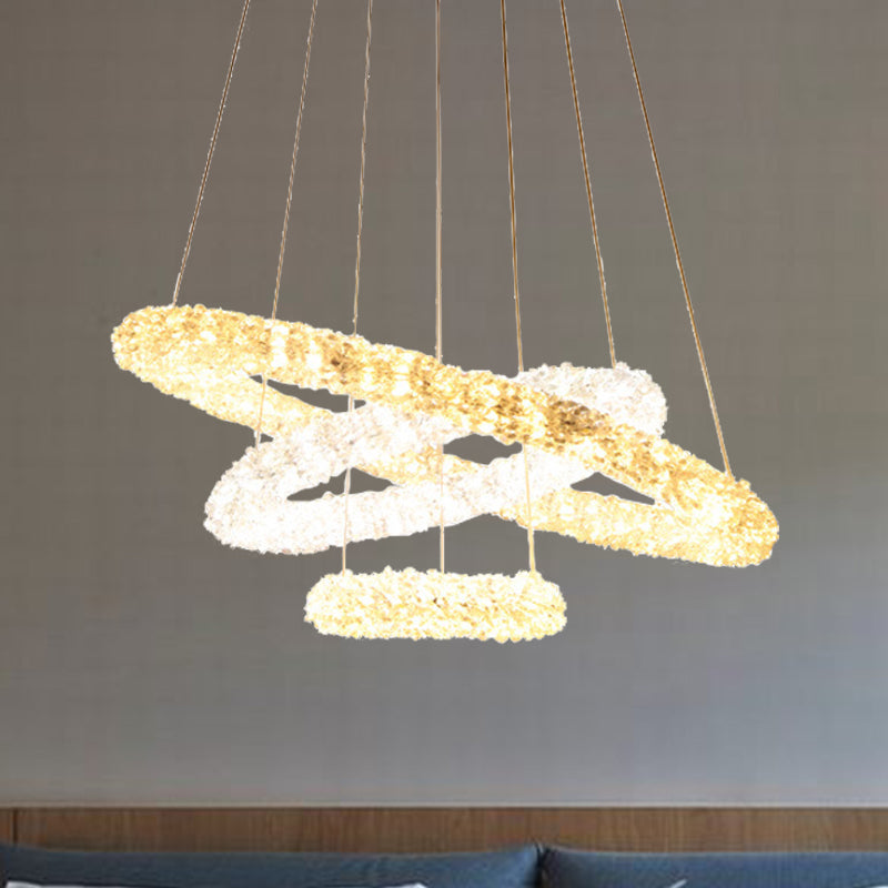 Crystal Beaded Ring Pendant Light Fixture Simple Style Chrome LED Chandelier Lamp, Warm/White/Natural Light Chrome White Clearhalo 'Ceiling Lights' 'Chandeliers' 'Modern Chandeliers' 'Modern' Lighting' 278632