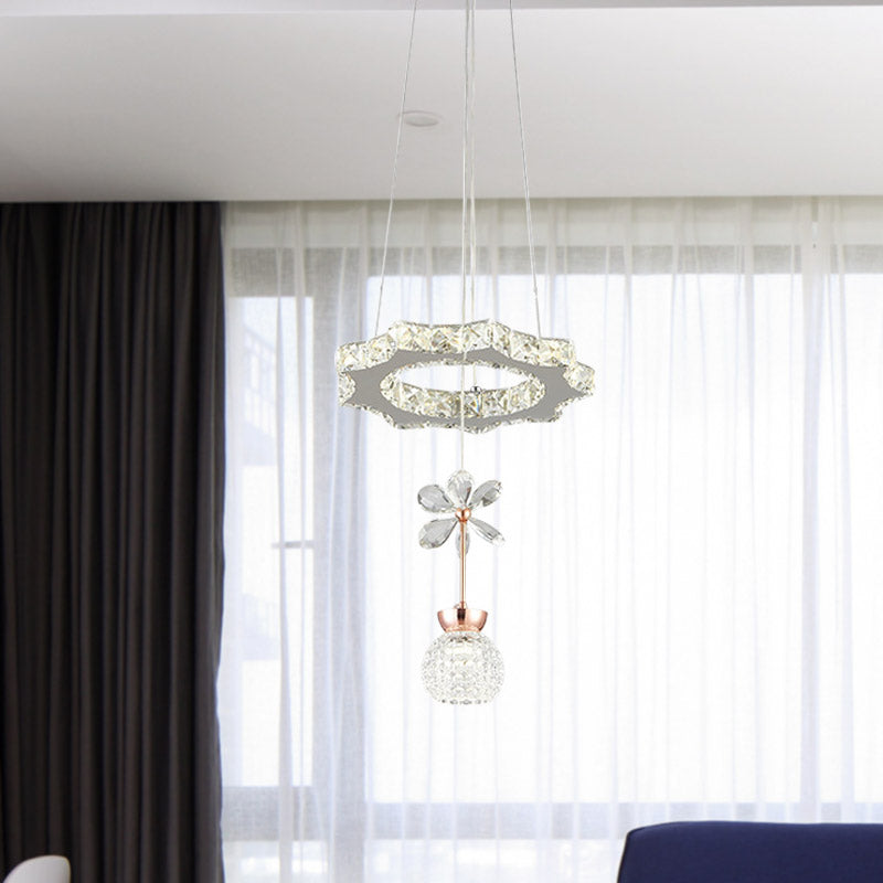 Modern 1/3/5 Heads Chandelier Pendant Light Chrome Circle/Gear Hanging Light Kit with Dimpled Crystal Shade Clearhalo 'Ceiling Lights' 'Chandeliers' 'Modern Chandeliers' 'Modern' Lighting' 278772