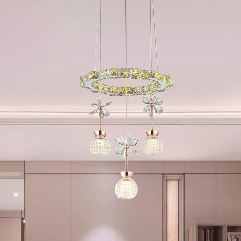 Modern 1/3/5 Heads Chandelier Pendant Light Chrome Circle/Gear Hanging Light Kit with Dimpled Crystal Shade Clearhalo 'Ceiling Lights' 'Chandeliers' 'Modern Chandeliers' 'Modern' Lighting' 278778