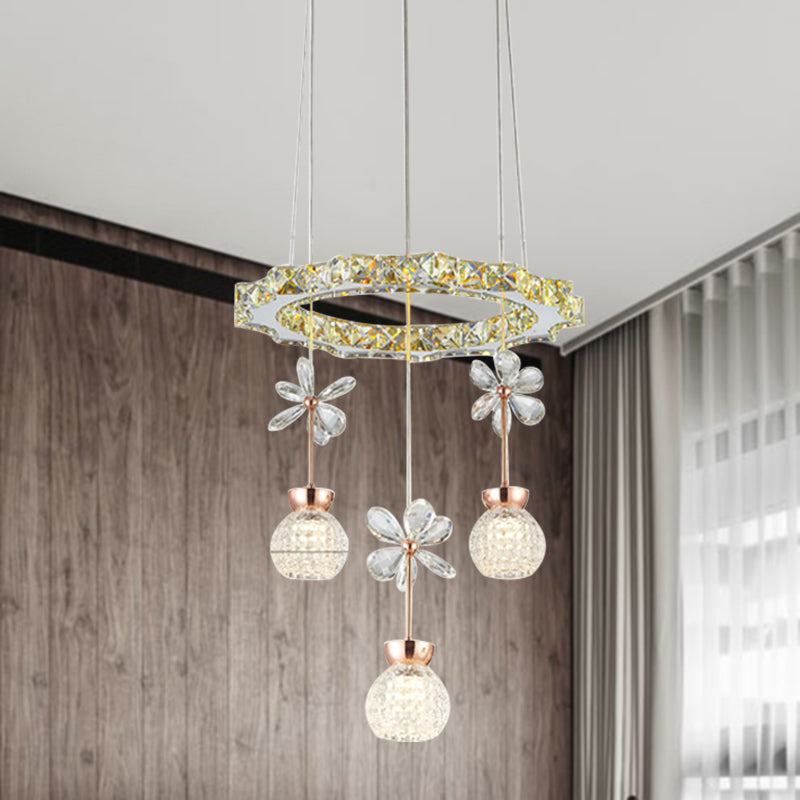 Modern 1/3/5 Heads Chandelier Pendant Light Chrome Circle/Gear Hanging Light Kit with Dimpled Crystal Shade Clearhalo 'Ceiling Lights' 'Chandeliers' 'Modern Chandeliers' 'Modern' Lighting' 278779