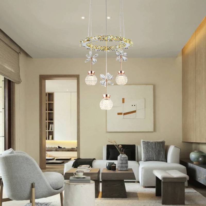 Modern 1/3/5 Heads Chandelier Pendant Light Chrome Circle/Gear Hanging Light Kit with Dimpled Crystal Shade Clearhalo 'Ceiling Lights' 'Chandeliers' 'Modern Chandeliers' 'Modern' Lighting' 278780