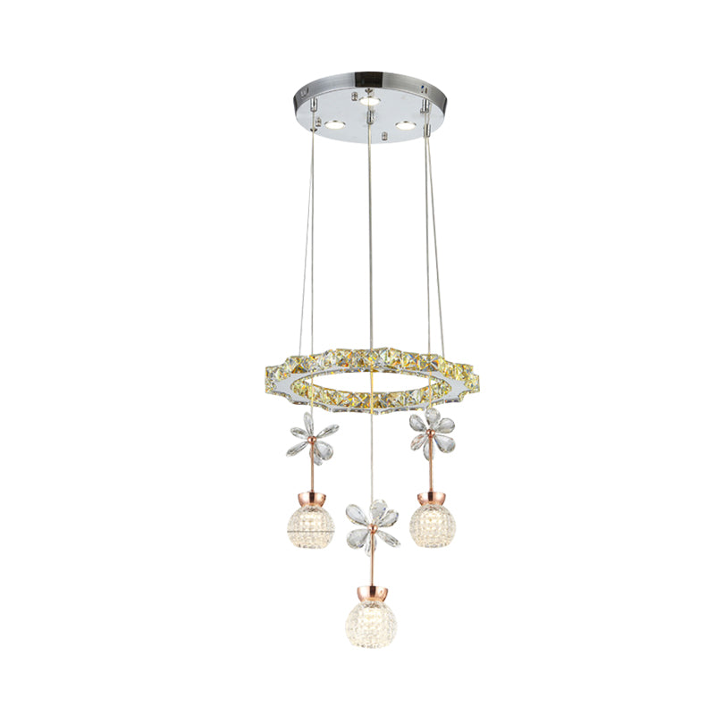 Modern 1/3/5 Heads Chandelier Pendant Light Chrome Circle/Gear Hanging Light Kit with Dimpled Crystal Shade Clearhalo 'Ceiling Lights' 'Chandeliers' 'Modern Chandeliers' 'Modern' Lighting' 278781