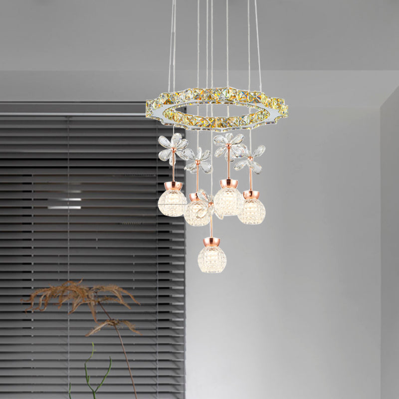 Modern 1/3/5 Heads Chandelier Pendant Light Chrome Circle/Gear Hanging Light Kit with Dimpled Crystal Shade Clearhalo 'Ceiling Lights' 'Chandeliers' 'Modern Chandeliers' 'Modern' Lighting' 278784