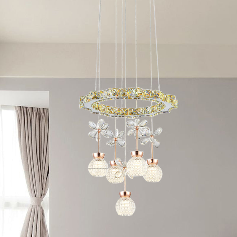 Modern 1/3/5 Heads Chandelier Pendant Light Chrome Circle/Gear Hanging Light Kit with Dimpled Crystal Shade Clearhalo 'Ceiling Lights' 'Chandeliers' 'Modern Chandeliers' 'Modern' Lighting' 278785