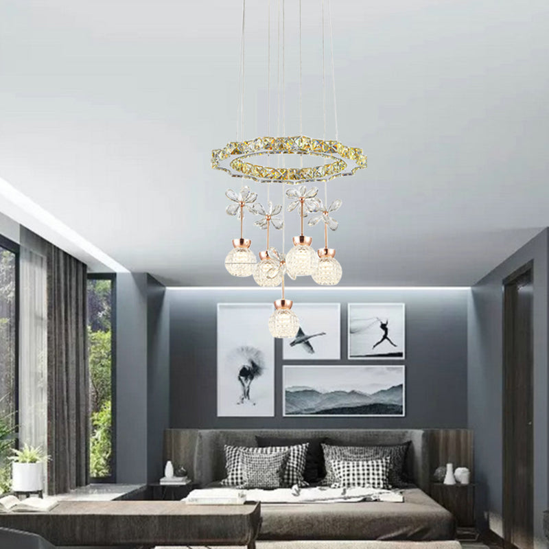 Modern 1/3/5 Heads Chandelier Pendant Light Chrome Circle/Gear Hanging Light Kit with Dimpled Crystal Shade Clearhalo 'Ceiling Lights' 'Chandeliers' 'Modern Chandeliers' 'Modern' Lighting' 278786