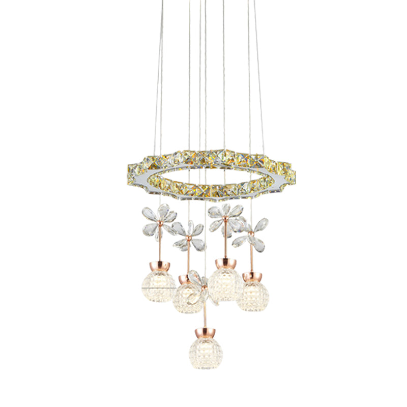 Modern 1/3/5 Heads Chandelier Pendant Light Chrome Circle/Gear Hanging Light Kit with Dimpled Crystal Shade Clearhalo 'Ceiling Lights' 'Chandeliers' 'Modern Chandeliers' 'Modern' Lighting' 278787