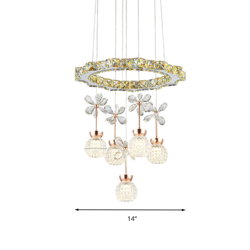 Modern 1/3/5 Heads Chandelier Pendant Light Chrome Circle/Gear Hanging Light Kit with Dimpled Crystal Shade Clearhalo 'Ceiling Lights' 'Chandeliers' 'Modern Chandeliers' 'Modern' Lighting' 278788