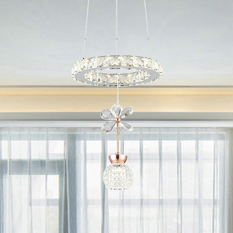 Modern 1/3/5 Heads Chandelier Pendant Light Chrome Circle/Gear Hanging Light Kit with Dimpled Crystal Shade 1 Chrome Circle Clearhalo 'Ceiling Lights' 'Chandeliers' 'Modern Chandeliers' 'Modern' Lighting' 278789