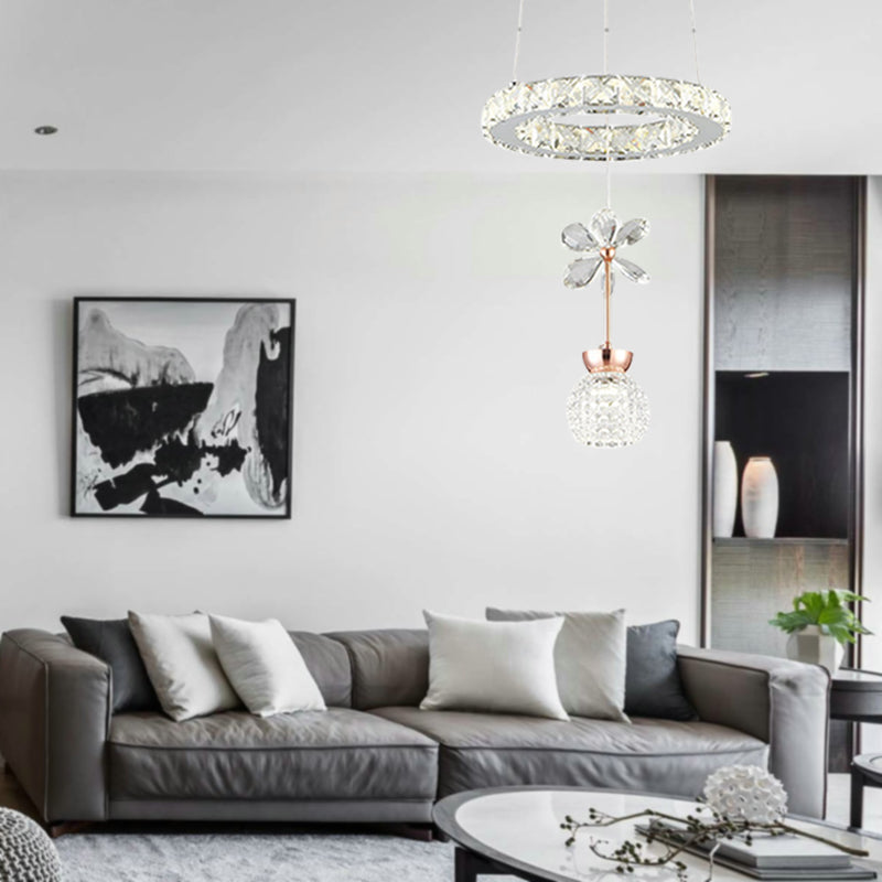 Modern 1/3/5 Heads Chandelier Pendant Light Chrome Circle/Gear Hanging Light Kit with Dimpled Crystal Shade Clearhalo 'Ceiling Lights' 'Chandeliers' 'Modern Chandeliers' 'Modern' Lighting' 278792