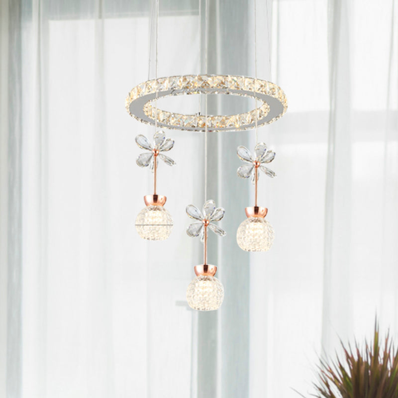 Modern 1/3/5 Heads Chandelier Pendant Light Chrome Circle/Gear Hanging Light Kit with Dimpled Crystal Shade 3 Chrome Circle Clearhalo 'Ceiling Lights' 'Chandeliers' 'Modern Chandeliers' 'Modern' Lighting' 278795