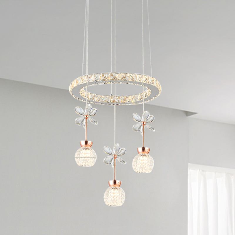 Modern 1/3/5 Heads Chandelier Pendant Light Chrome Circle/Gear Hanging Light Kit with Dimpled Crystal Shade Clearhalo 'Ceiling Lights' 'Chandeliers' 'Modern Chandeliers' 'Modern' Lighting' 278796