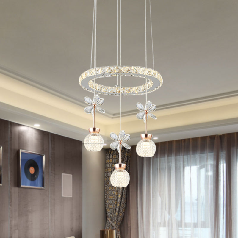 Modern 1/3/5 Heads Chandelier Pendant Light Chrome Circle/Gear Hanging Light Kit with Dimpled Crystal Shade Clearhalo 'Ceiling Lights' 'Chandeliers' 'Modern Chandeliers' 'Modern' Lighting' 278797