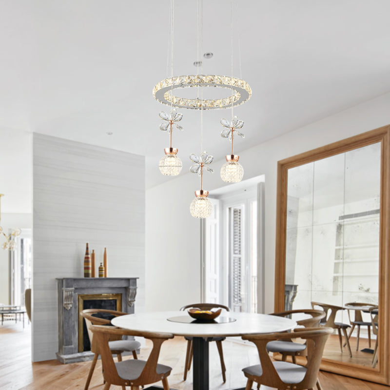 Modern 1/3/5 Heads Chandelier Pendant Light Chrome Circle/Gear Hanging Light Kit with Dimpled Crystal Shade Clearhalo 'Ceiling Lights' 'Chandeliers' 'Modern Chandeliers' 'Modern' Lighting' 278798