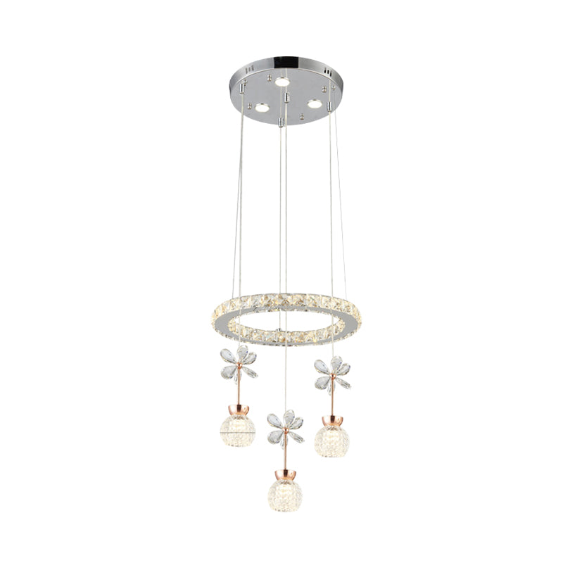 Modern 1/3/5 Heads Chandelier Pendant Light Chrome Circle/Gear Hanging Light Kit with Dimpled Crystal Shade Clearhalo 'Ceiling Lights' 'Chandeliers' 'Modern Chandeliers' 'Modern' Lighting' 278799