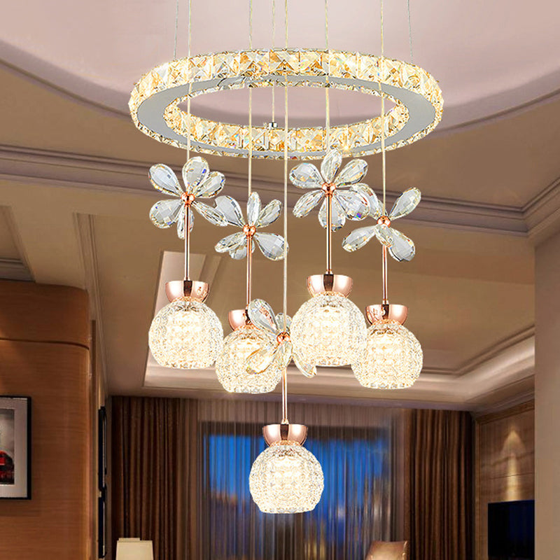 Modern 1/3/5 Heads Chandelier Pendant Light Chrome Circle/Gear Hanging Light Kit with Dimpled Crystal Shade 5 Chrome Circle Clearhalo 'Ceiling Lights' 'Chandeliers' 'Modern Chandeliers' 'Modern' Lighting' 278801