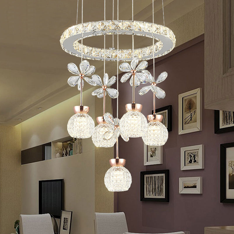 Modern 1/3/5 Heads Chandelier Pendant Light Chrome Circle/Gear Hanging Light Kit with Dimpled Crystal Shade Clearhalo 'Ceiling Lights' 'Chandeliers' 'Modern Chandeliers' 'Modern' Lighting' 278802