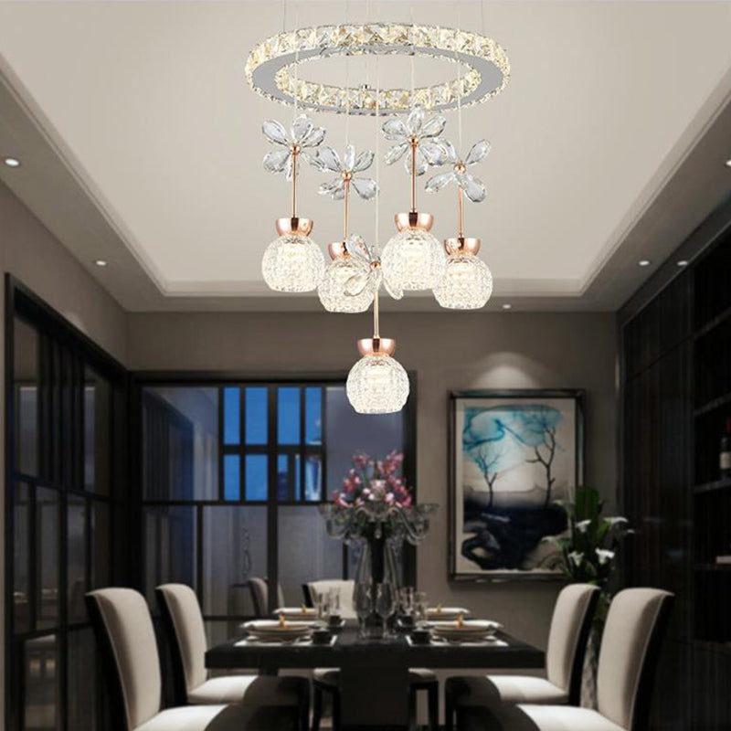 Modern 1/3/5 Heads Chandelier Pendant Light Chrome Circle/Gear Hanging Light Kit with Dimpled Crystal Shade Clearhalo 'Ceiling Lights' 'Chandeliers' 'Modern Chandeliers' 'Modern' Lighting' 278803