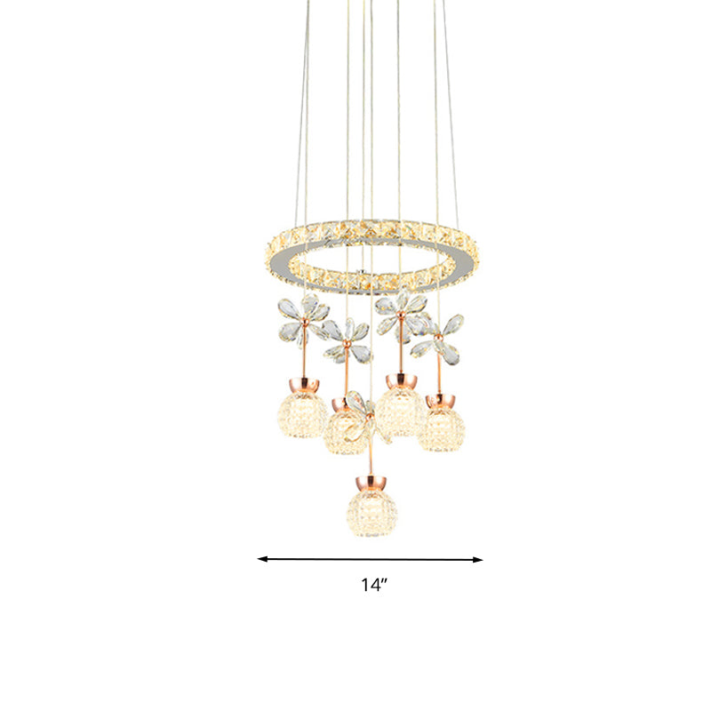 Modern 1/3/5 Heads Chandelier Pendant Light Chrome Circle/Gear Hanging Light Kit with Dimpled Crystal Shade Clearhalo 'Ceiling Lights' 'Chandeliers' 'Modern Chandeliers' 'Modern' Lighting' 278805