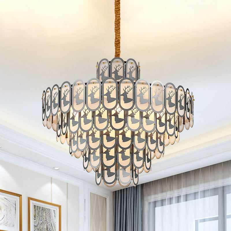 Crystal Tiered Chandelier Pendant Light Modern 12/16 Lights Down Lighting in Nickel with Elk Pattern 12 Nickel Clearhalo 'Ceiling Lights' 'Chandeliers' Lighting' options 278830_fb02895d-30fc-4c77-9c17-e1bb1a0e4f1e