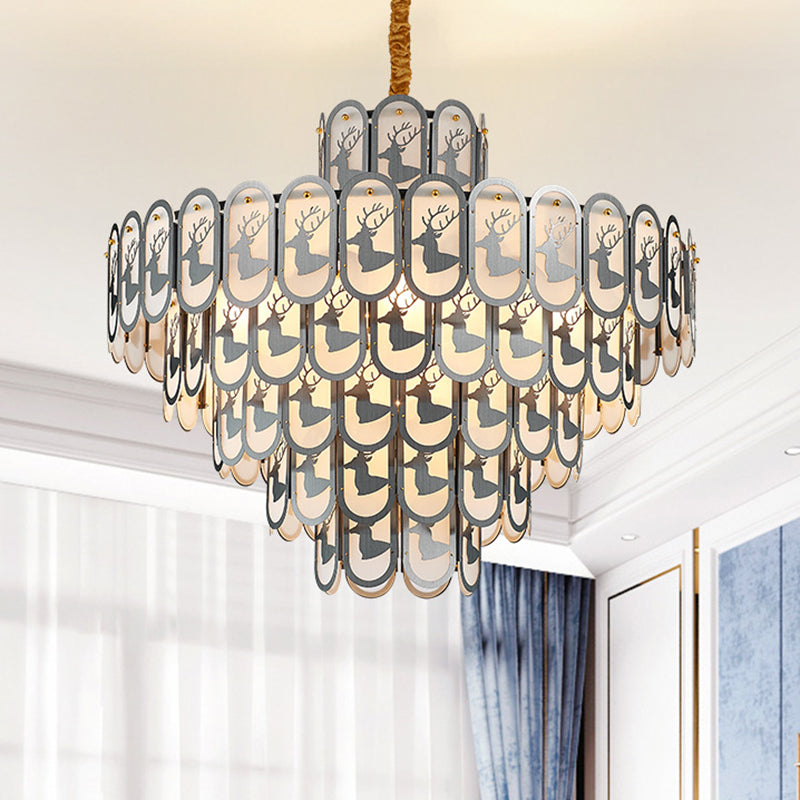 Crystal Tiered Chandelier Pendant Light Modern 12/16 Lights Down Lighting in Nickel with Elk Pattern Clearhalo 'Ceiling Lights' 'Chandeliers' Lighting' options 278831