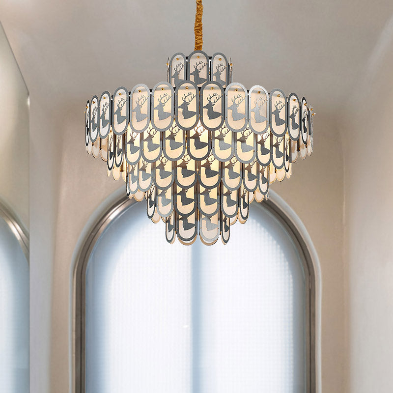 Crystal Tiered Chandelier Pendant Light Modern 12/16 Lights Down Lighting in Nickel with Elk Pattern Clearhalo 'Ceiling Lights' 'Chandeliers' Lighting' options 278832