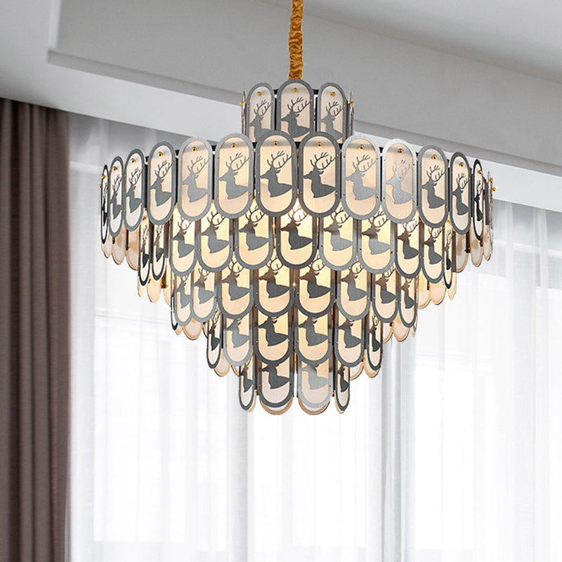 Crystal Tiered Chandelier Pendant Light Modern 12/16 Lights Down Lighting in Nickel with Elk Pattern Clearhalo 'Ceiling Lights' 'Chandeliers' Lighting' options 278837