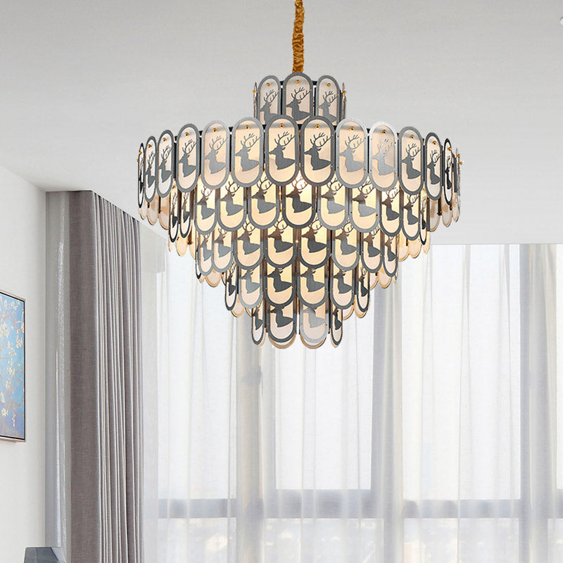 Crystal Tiered Chandelier Pendant Light Modern 12/16 Lights Down Lighting in Nickel with Elk Pattern Clearhalo 'Ceiling Lights' 'Chandeliers' Lighting' options 278838