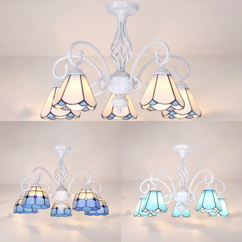 Living Room Semi Flush Mount Light with Shade Tiffany Style 3/5 Lights Semi Flush Lamp in White/Blue/Sky Blue Clearhalo 'Ceiling Lights' 'Close To Ceiling Lights' 'Close to ceiling' 'Glass shade' 'Glass' 'Semi-flushmount' 'Tiffany close to ceiling' 'Tiffany' Lighting' 27885