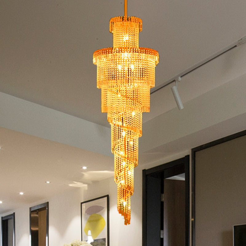 Layered Crystal Ceiling Chandelier Modern 15 Lights Gold Suspension Pendant for Corridor Gold Clearhalo 'Ceiling Lights' 'Chandeliers' Lighting' options 278904_9650c416-5615-42a6-84c2-c479abfa119c