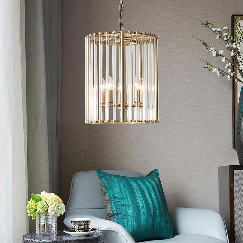 Cylinder Hanging Chandelier Modernist Crystal 3/5 Bulbs 10"/14" Wide Brass Pendant Light Fixture Brass Clearhalo 'Ceiling Lights' 'Chandeliers' 'Modern Chandeliers' 'Modern' Lighting' 279011