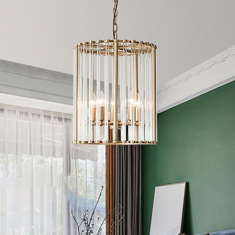 Cylinder Hanging Chandelier Modernist Crystal 3/5 Bulbs 10"/14" Wide Brass Pendant Light Fixture Clearhalo 'Ceiling Lights' 'Chandeliers' 'Modern Chandeliers' 'Modern' Lighting' 279012